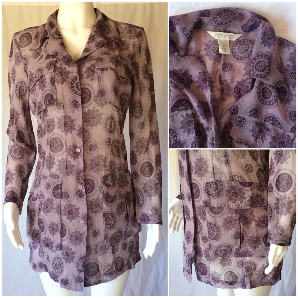 VTG Express sheer purple button down blouse tunic